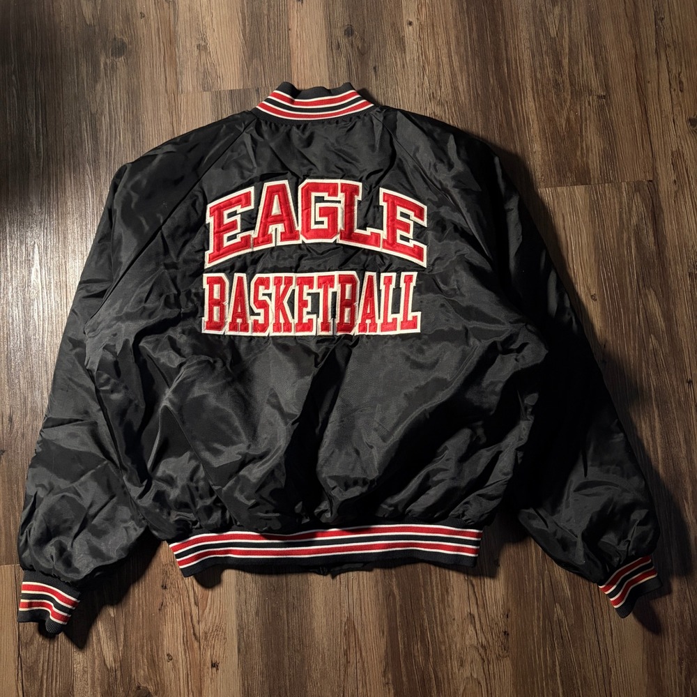 Vintage Mens‎ Black Eagle Basketball Satin Bomber Jacket Red White Stripe Size L